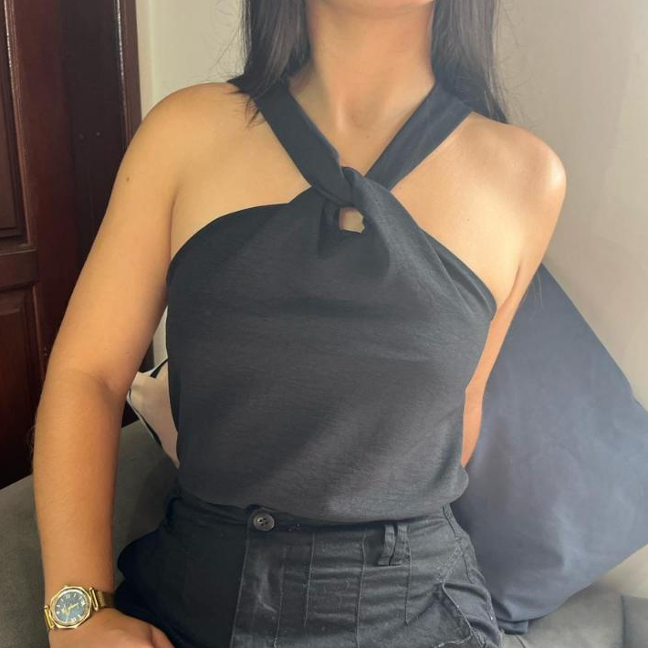 Blusa Feminina Elegante Nó Gola Transpassada Regata Tecido Duna Moda Blogueira Tendencia