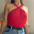 Blusa Feminina Elegante Nó Gola Transpassada Regata Tecido Duna Moda Blogueira Tendencia