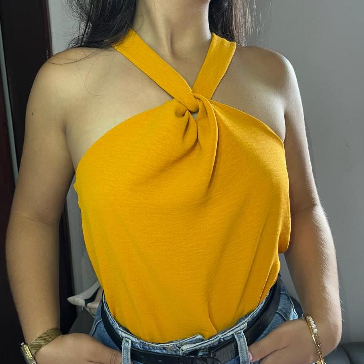 Blusa Feminina Elegante Nó Gola Transpassada Regata Tecido Duna Moda Blogueira Tendencia