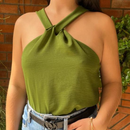 Blusa Feminina Elegante Nó Gola Transpassada Regata Tecido Duna Moda Blogueira Tendencia