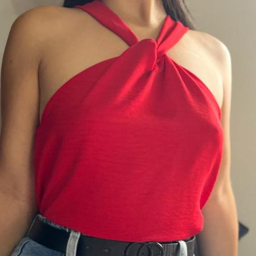 Blusa Feminina Elegante Nó Gola Transpassada Regata Tecido Duna Moda Blogueira Tendencia