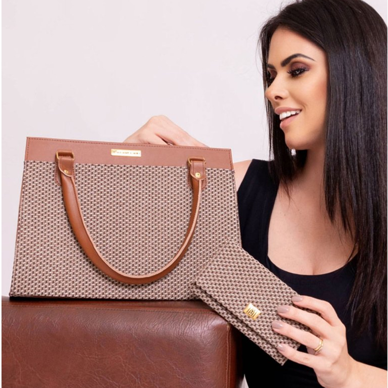 Bolsa Feminina Satchel Pasta Tote De Ombro + Carteira Feminina