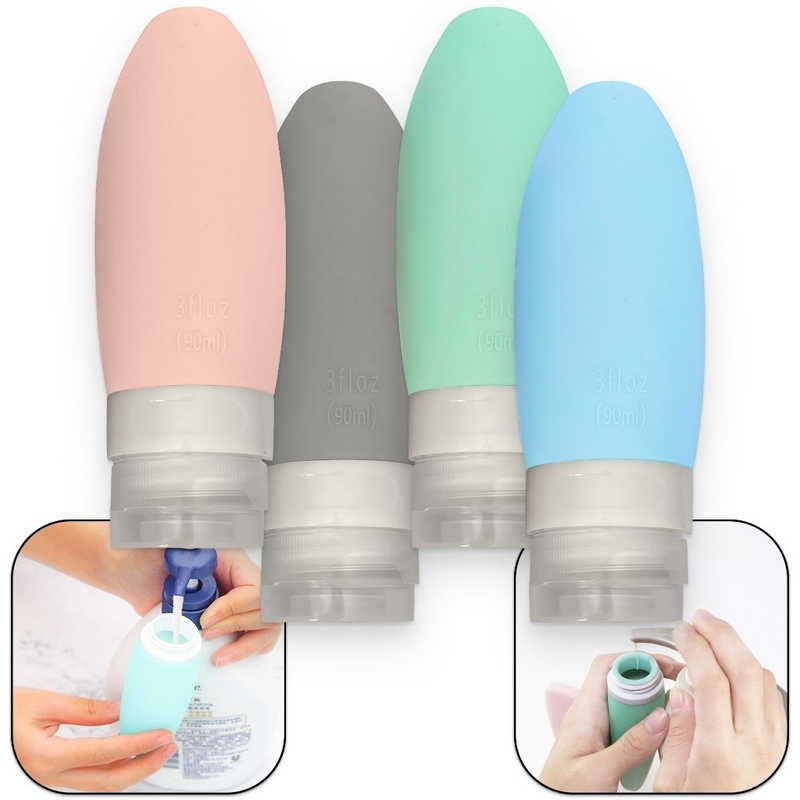 Kit Viagem Porta Shampoo Frascos Pote Creme 4 Peças Mala 90ml de Silicone Reutilizável Lavável
