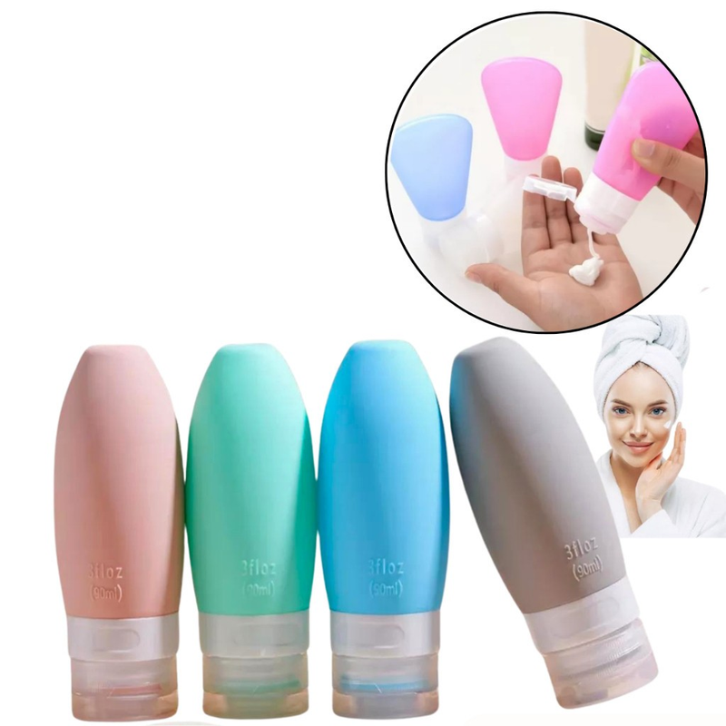 Kit Viagem Porta Shampoo Frascos Pote Creme 4 Peças Mala 90ml de Silicone Reutilizável Lavável
