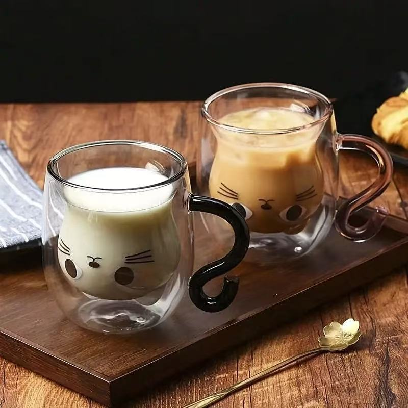 Caneca de vidro duplo em formato de gatinho 250ml