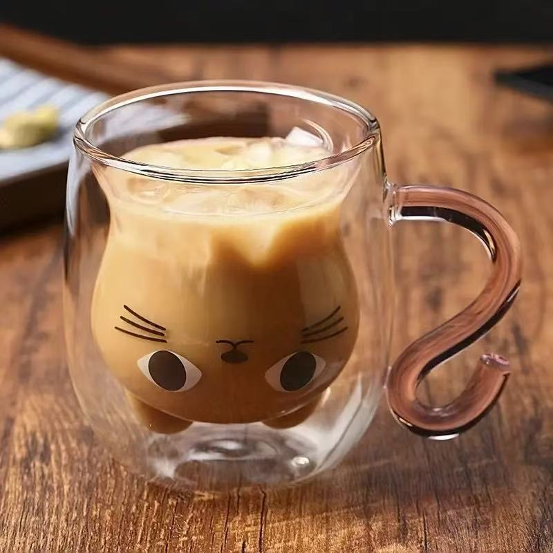Caneca de vidro duplo em formato de gatinho 250ml