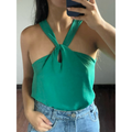 Blusa Feminina Elegante Nó Gola Transpassada Regata Tecido Duna Moda Blogueira Tendencia