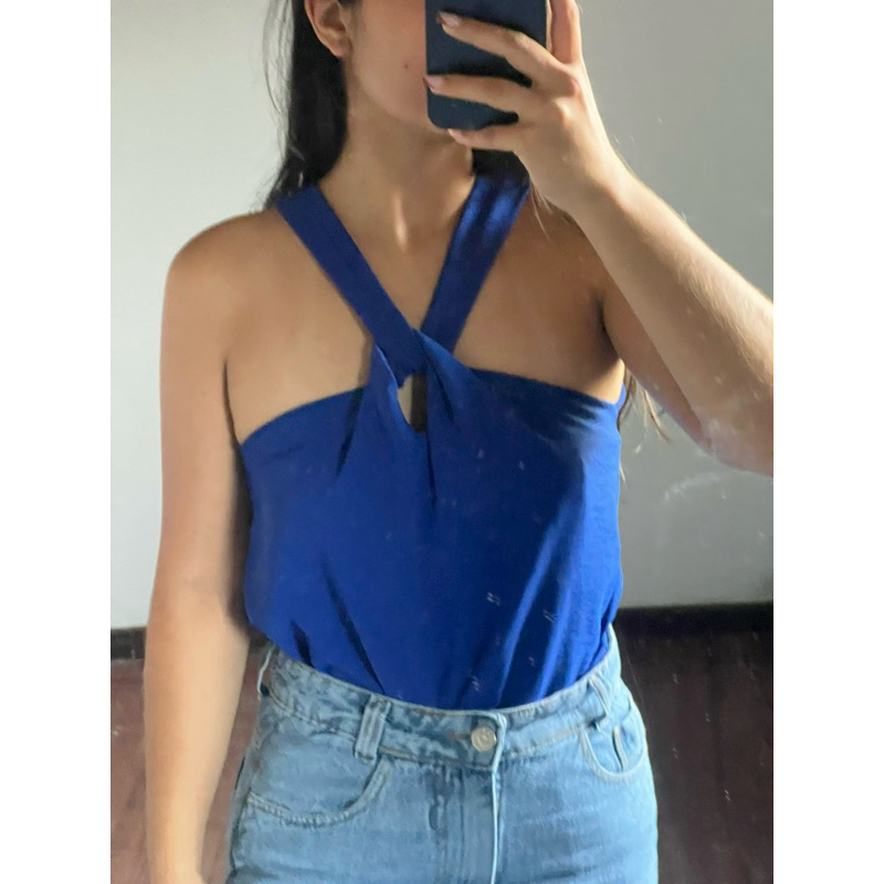 Blusa Feminina Elegante Nó Gola Transpassada Regata Tecido Duna Moda Blogueira Tendencia