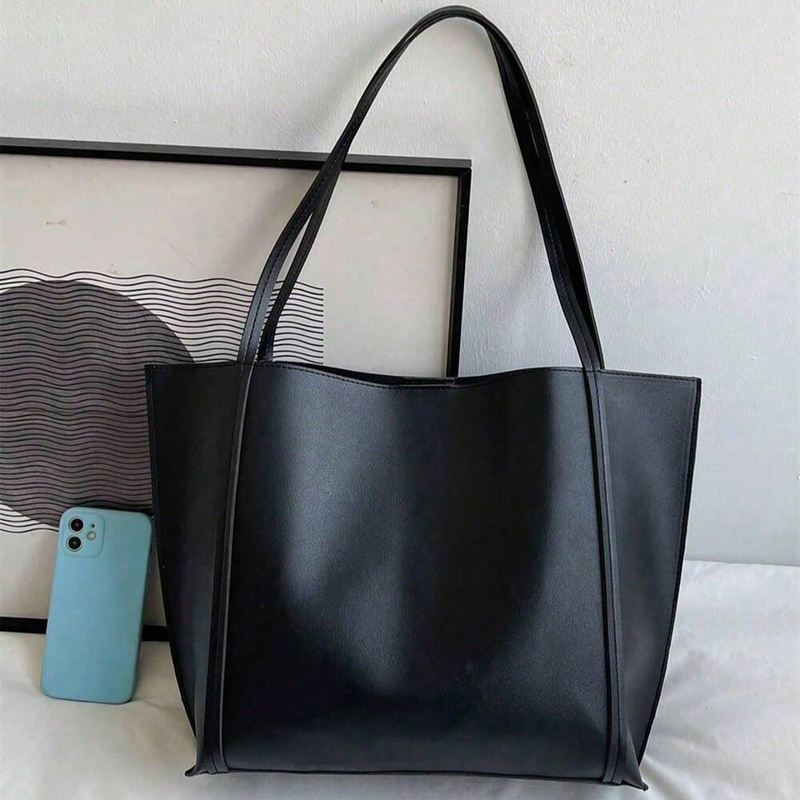 Kit Bolsa Sacola Tote Grande Minimalista com Bolsa Necessaire Interna Preta com Alça para Ombro