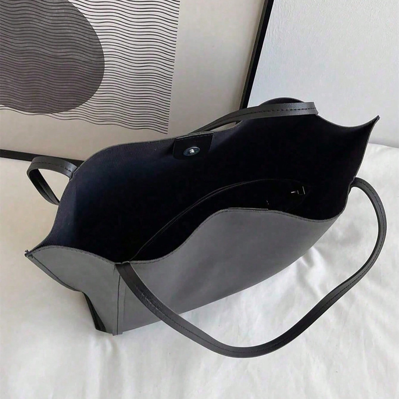 Kit Bolsa Sacola Tote Grande Minimalista com Bolsa Necessaire Interna Preta com Alça para Ombro