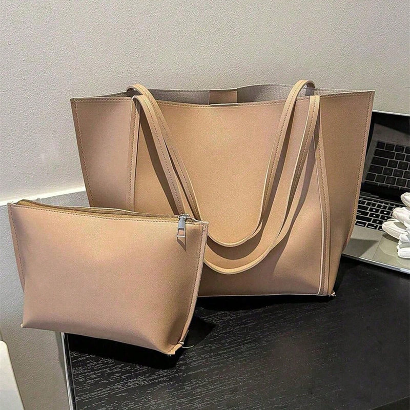 Kit Bolsa Sacola Tote Grande Minimalista com Bolsa Necessaire Interna Preta com Alça para Ombro