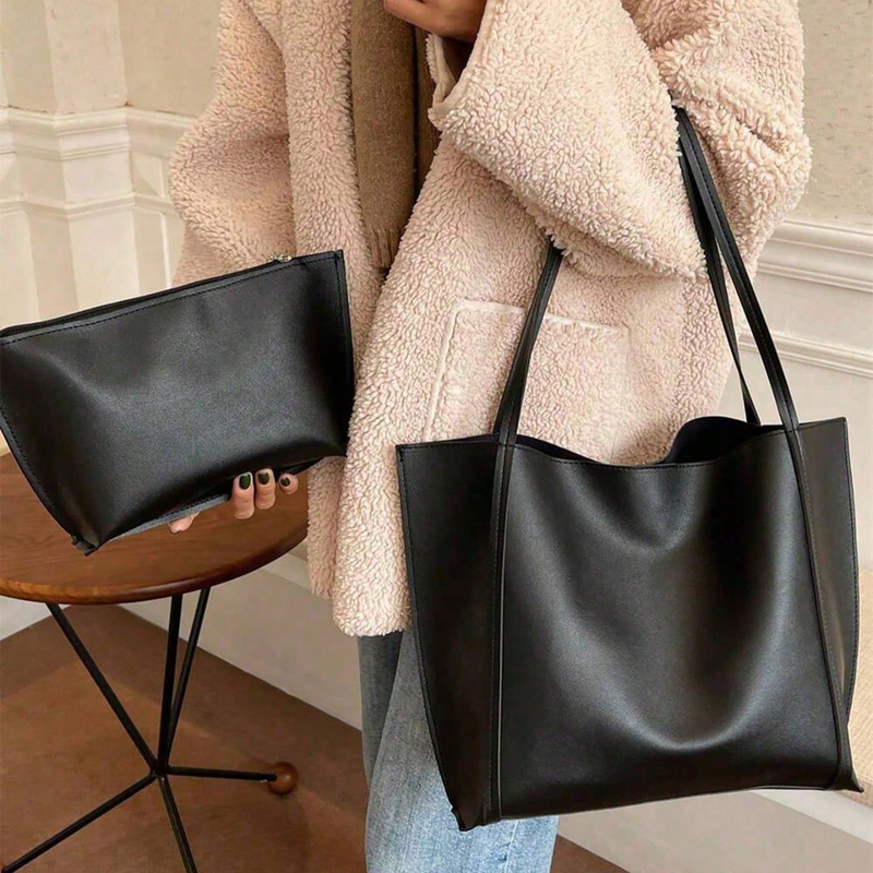 Bolsa Sacola Tote Grande Minimalista com Bolsa Necessaire Interna Preta com Alça para Ombro
